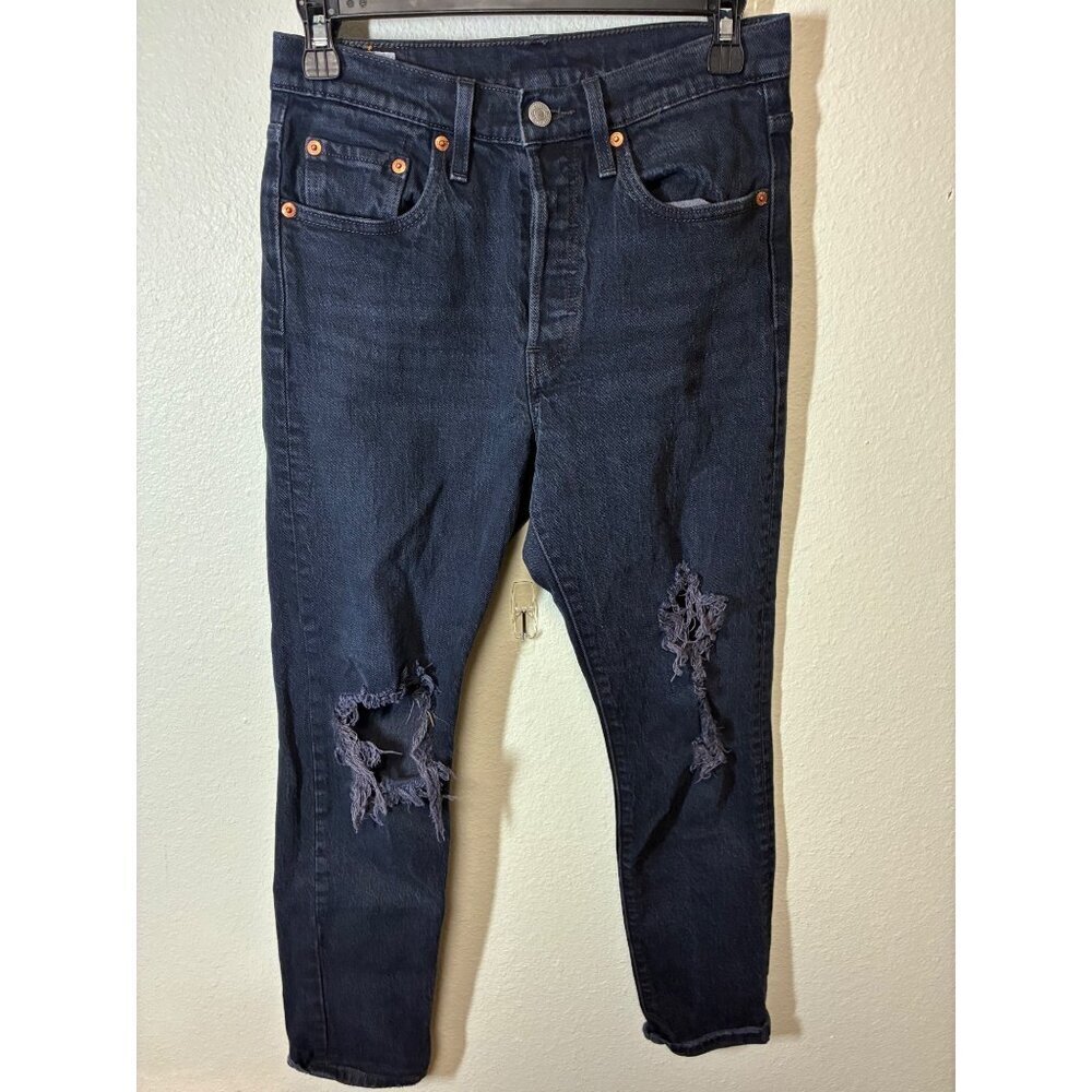 VTG Levi's 501S Denim Jeans Distressed Holes Button Fly Skinny Black Size 25/28